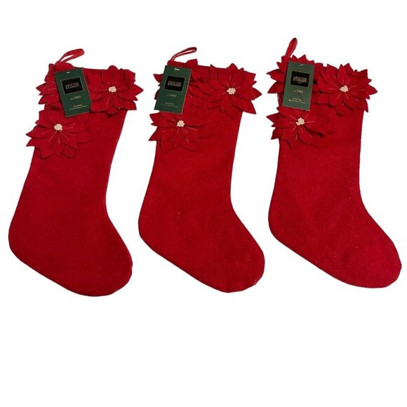 House and Garden Christmas Stocking Red Wool Poinsettia Applique Set Of 3 - Picture 1 of 6